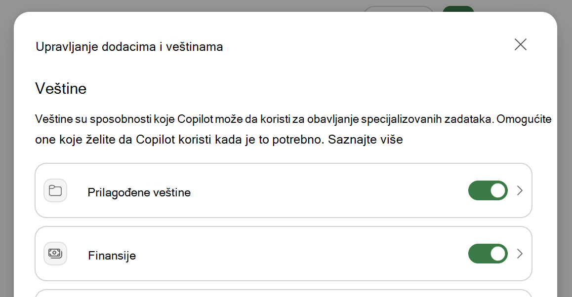 Snimak ekrana funkcije Copilot u programu Excel: Upravljanje dodatnim komponentama & dijalogu veština.