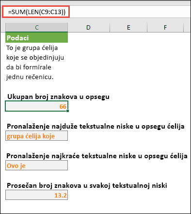 Izračunajte ukupan broj znakova u opsegu i drugih nizova za rad sa niskama teksta