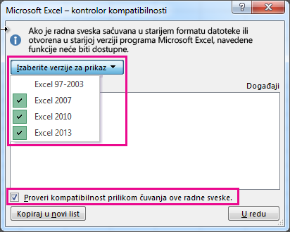 Kontrolor kompatibilnosti prikazuje verzije za proveru