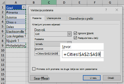Opcije liste za validaciju podataka