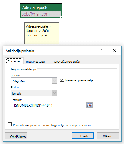 Primer validacije podataka kojom se proverava da li adresa e-pošte sadrži simbol @