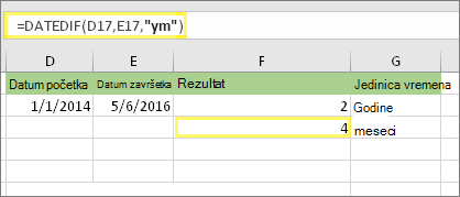 =DATEDIF(D17,E17,y) i rezultat: 4