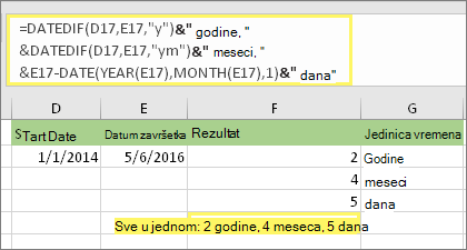 =DATEDIF(D17,E17,y)& godine, &DATEDIF(D17,E17,ym)& meseci, &DATEDIF(D17,E17,md)& dana i rezultat: 2 godine, 4 meseca, 5 dana