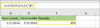 =DATEDIF(D9,E9,d) sa rezultatom 856