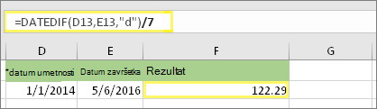 =(DATEDIF(D13,E13,d)/7) i rezultat: 122,29