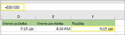 =E80-D80 i rezultat: 9:15