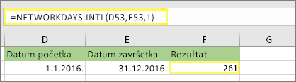 =NETWORKDAYS. INTL(D53,E53,1) i rezultat: 261
