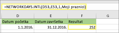 =NETWORKDAYS. INTL(D53,E53,1,MyHolidays) i rezultat: 252