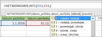 Intellisense lista koja prikazuje 2 – nedelja, ponedeljak; 3 – ponedeljak, utorak i tako dalje