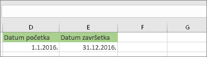 Datum početka u ćeliji D53 je 1.1.2016, datum završetka u ćeliji E53 je 31.12.2016