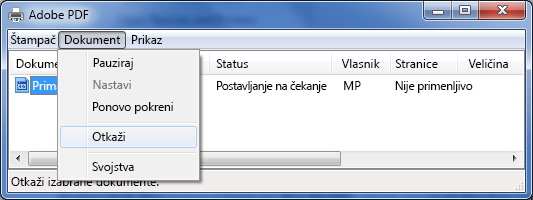 U meniju „Dokument“ izaberite stavku „Otkaži“.