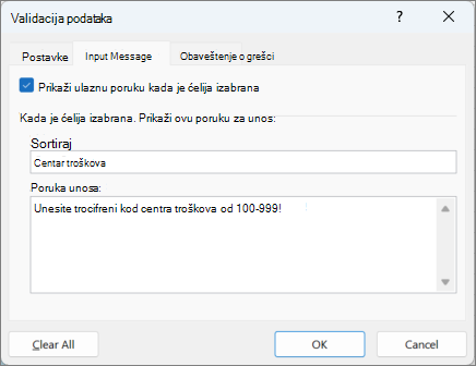Postavke ulaznih poruka u dijalogu 