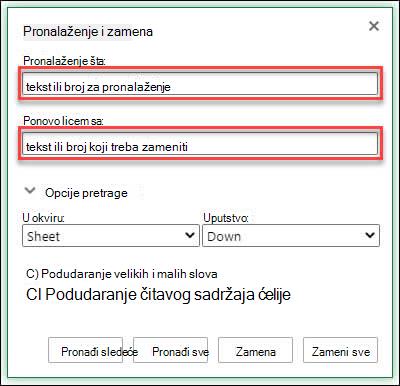 Zamenite tekst ili brojeve u radnoj svesci ili radnom listu pritiskom na kombinaciju tastera Ctrl+H