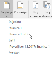 Ugrađene opcije zaglavlja & podnožja