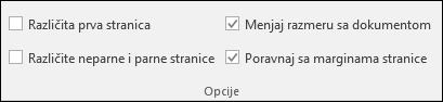 Opcije zaglavlja i podnožja na kartici 