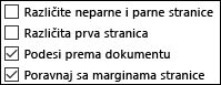 Opcije zaglavlja i podnožja stranice u dijalogu 