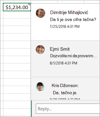Ćelija sa $1,234.00, i ulančani komentar u prilogu: Dave Ludwig: Da li je ova cifra tačna? Ejmi Smit: Dozvolite mi da proverim... i tako dalje