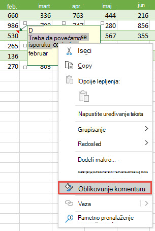 Oblikujte komentar tako što ćete izabrati tekst za oblikovanje, a zatim kliknite desnim tasterom miša i izaberite stavku 