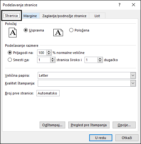 Dijalog „Podešavanje stranice“