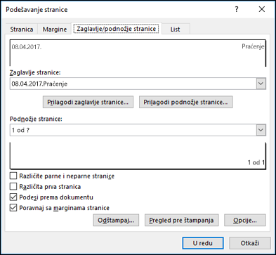 Podešavanje > stranice Opcije zaglavlja i podnožja