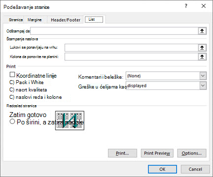 Podešavanje stranice u programu Excel Opcije na kartici lista