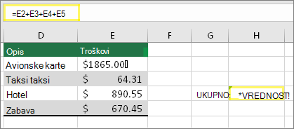 H4 sa =E2+E3+E4+E5 i rezultatom #VALUE!