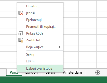 U priručnom meniju izabrana je stavka „Izaberi sve listove“.