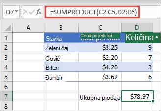 Primer funkcije SUMPRODUCT koja se koristi za dobijanje zbira prodatih stavki kada je obezbeđena jedinična cena i količina.