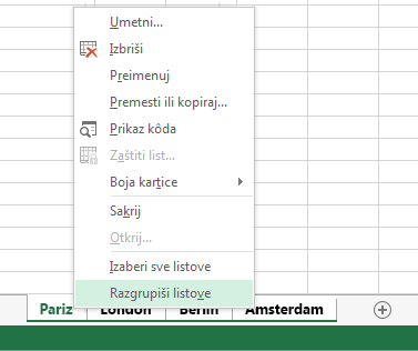 U priručnom meniju je izabrana stavka „Razgrupiši listove“.