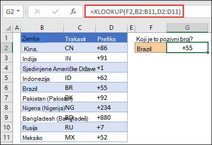 Primer XLOOKUP funkcije koja se koristi za dobijanje imena zaposlenog i odeljenja na osnovu ID-a zaposlenog. Formula je =XLOOKUP(B2;B5:B14;C5:C14)