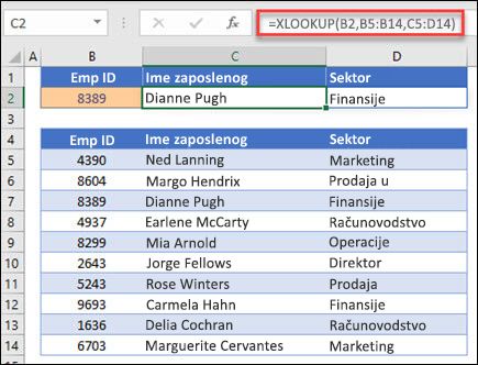 Primer XLOOKUP funkcije koja se koristi za dobijanje imena zaposlenog i odeljenja na osnovu IDt zaposlenog. Formula je: =XLOOKUP(B2;B5:B14;C5:D14;0;1)