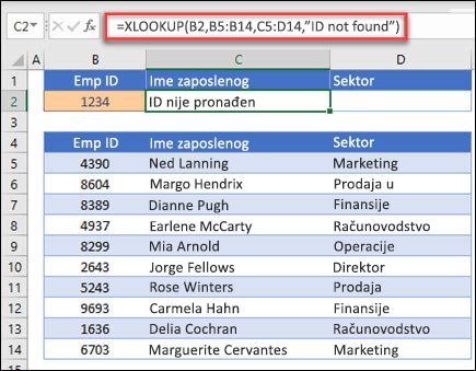 Primer XLOOKUP funkcije koja se koristi za dobijanje imena zaposlenog i odeljenja na osnovu ID-a zaposlenog sa argumentom if_not_found. Formula je =XLOOKUP(B2,B5:B14,C5:D14,0,1,Zaposleni nije pronađen)