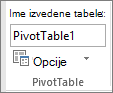 Opcije izvedene tabele na traci
