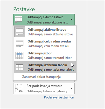 Štampanje izabrane tabele