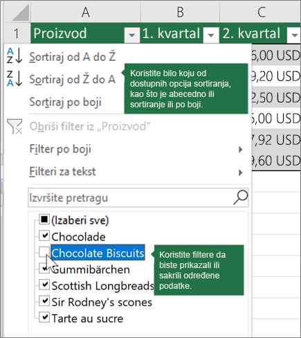 Sortiranje ili primena filtera na tabelu