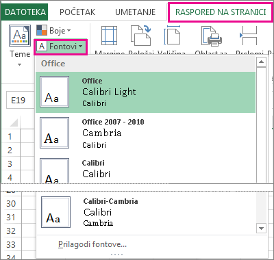 Galerija fontova na kartici „Raspored stranice“