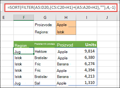Funkcija FILTER i SORT zajedno – filtriranje po proizvodu (jabuka) ili po regionu (istok)