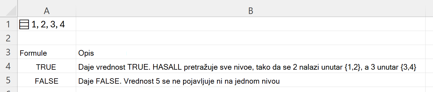 Koristite HASALL da biste pretraživali unutar ugnežđenog niza uskladištenog u jednoj ćeliji