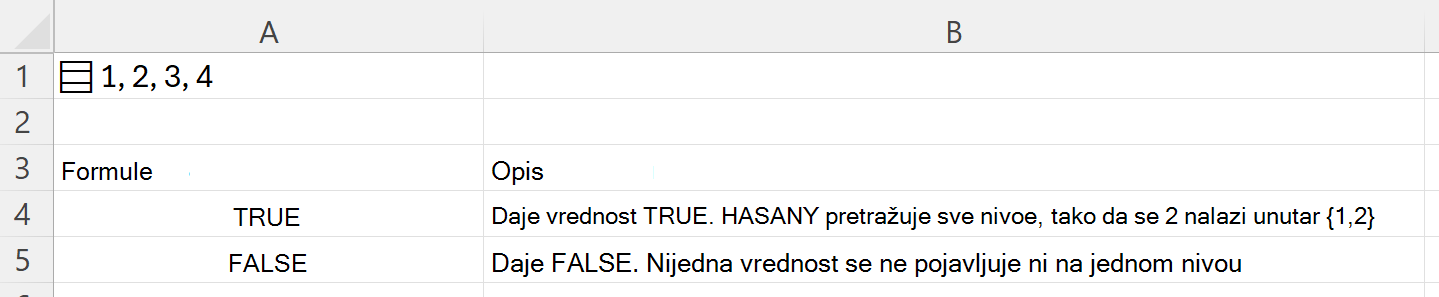 Korišćenje funkcije HASANY za pretragu unutar ugnežđenog niza uskladištenog u jednoj ćeliji