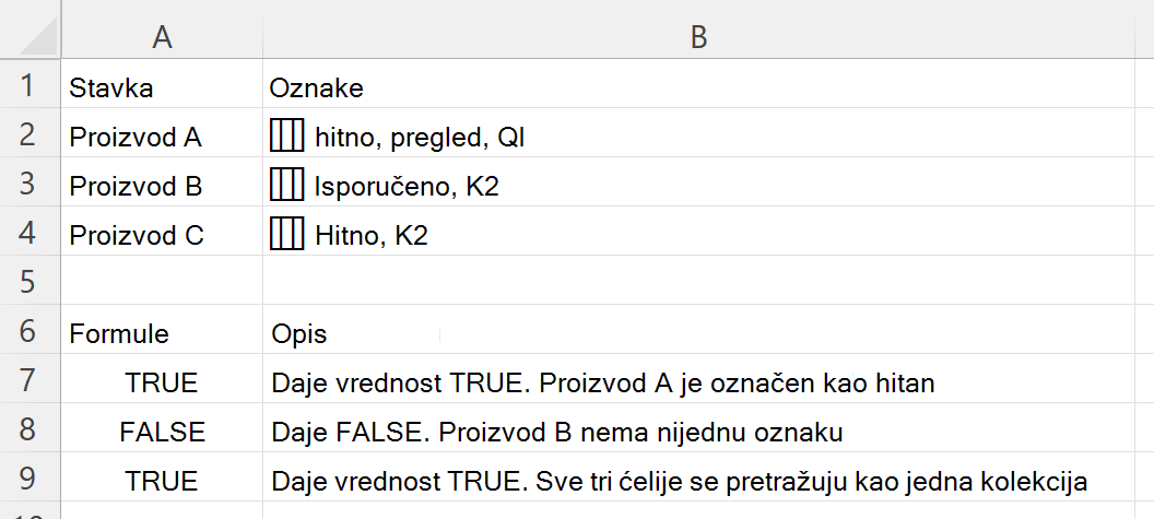 Korišćenje funkcije HASANY za proveru da li ćelija koja sadrži ugnežđeni niz oznaka sadrži neke od odabranih oznaka