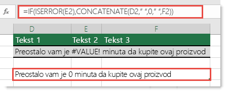 Funkcije IF i ISERROR korišćene kao privremeno rešenje za spajanje niske sa #VALUE! greškom