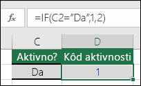 Ćelija D2 sadrži formulu =IF(C2=Yes,1,2)