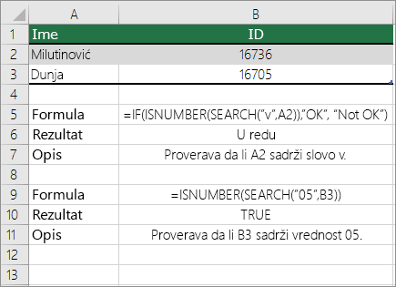 Primeri funkcije IF, ISNUMBER i SEARCH