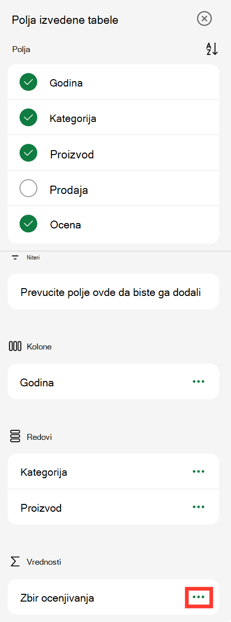Tri tačke za vrednosti polja izvedene tabele na iPad uređaju