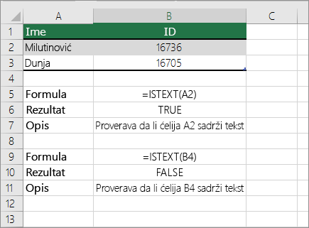 Primeri funkcije ISTEXT