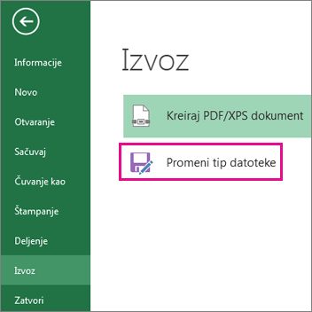 „Promeni tip datoteke“ na kartici „Izvoz“