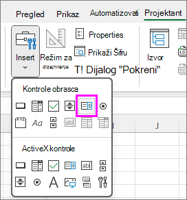 dugme „kontrola obrasca okvira sa listom“