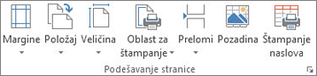 Grupa „Podešavanje stranice“ na kartici „Raspored na stranici“