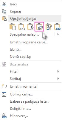 Meni „Opcije lepljenja“