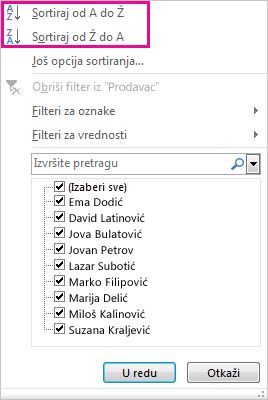 Dugmad za sortiranje